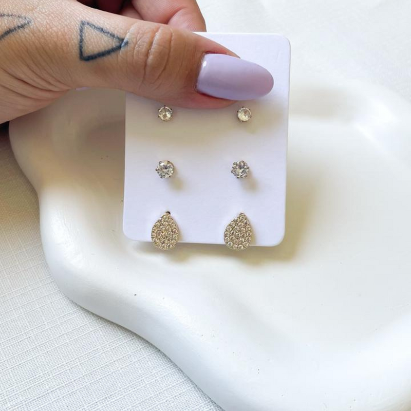 Trio de brincos ponto de luz e zircônia - Dourado